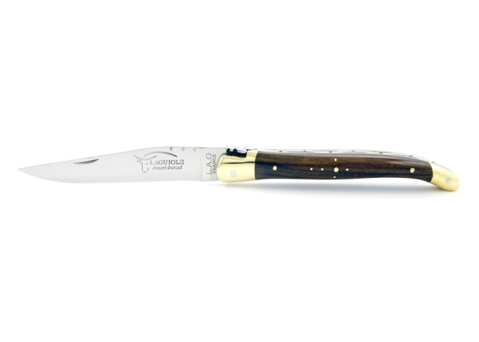 Laguiole pliant, 11 cm, abeille forgée, lame seule, mitres laiton, manche en bulnésia
