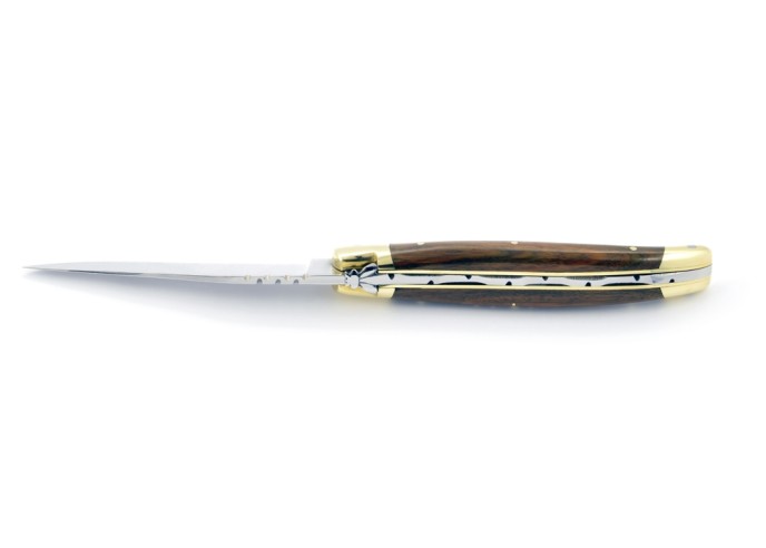 Laguiole pliant, 11 cm, abeille forgée, lame seule, mitres laiton, manche en bulnésia