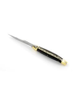 Laguiole pliant, 11 cm, abeille forgée, lame seule, mitres laiton, manche en pointe de corne (foncée)