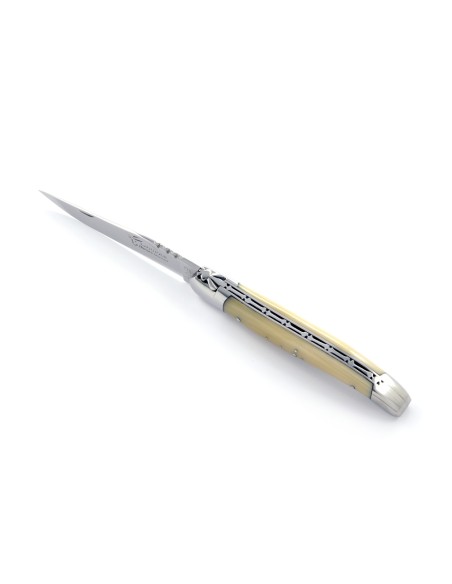 Laguiole pliant, 13 cm, abeille forgée, lame seule, mitres inox brillant, manche en pointe de corne claire