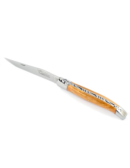 Laguiole pliant, 13 cm, abeille forgée, lame seule, mitres inox brillant,  manche en bois d'olivier