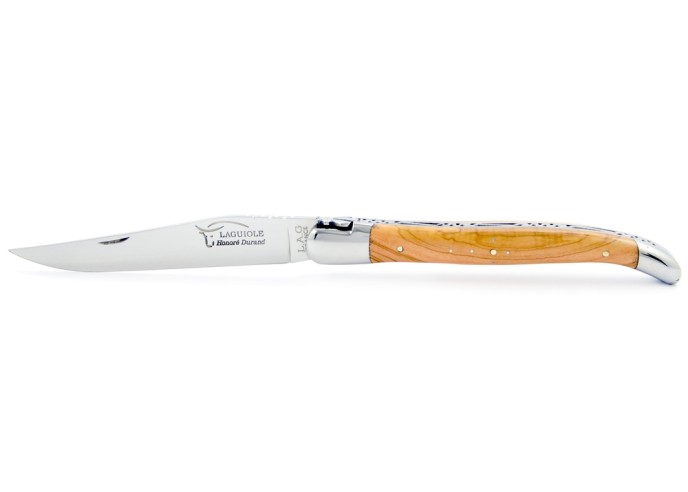 Laguiole pliant, 13 cm, abeille forgée, lame seule, mitres inox brillant,  manche en bois d'olivier