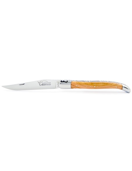 Laguiole pliant, 13 cm, abeille forgée, lame seule, mitres inox brillant,  manche en bois d'olivier