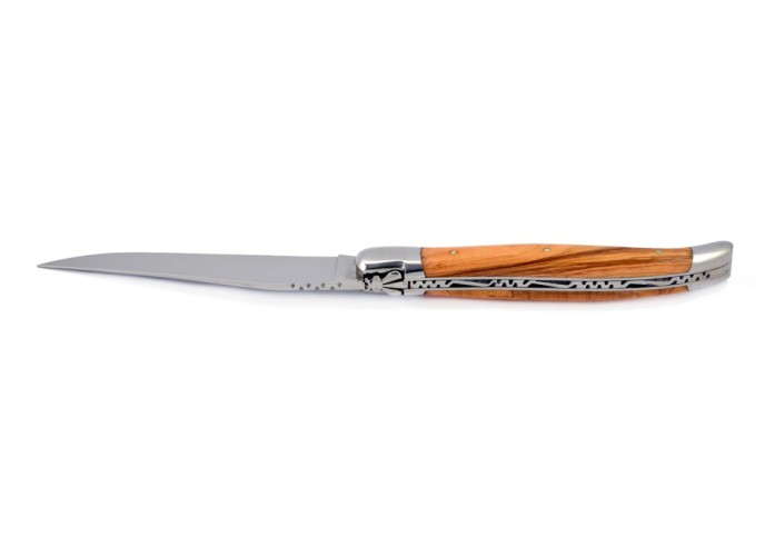 Laguiole pliant, 13 cm, abeille forgée, lame seule, mitres inox brillant,  manche en bois d'olivier