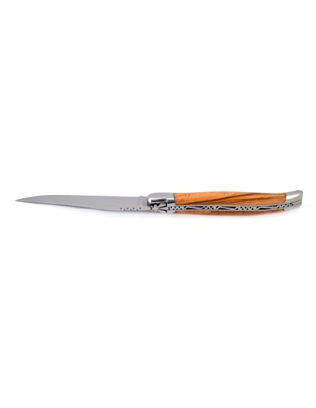 Laguiole pliant, 13 cm, abeille forgée, lame seule, mitres inox brillant,  manche en bois d'olivier