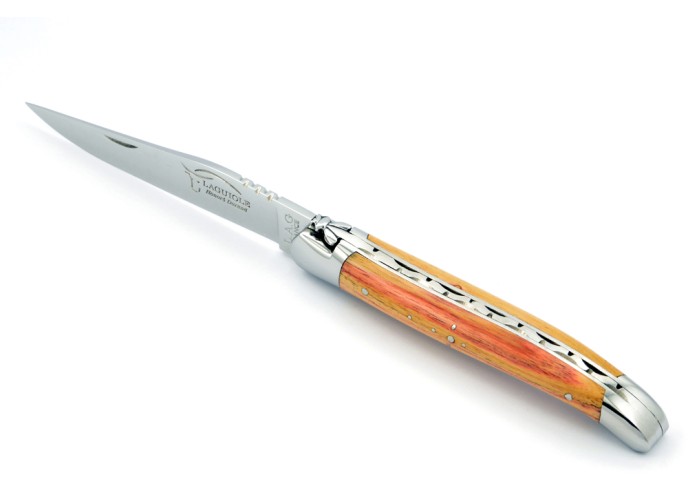 Laguiole pliant, 11 cm, abeille forgée, lame seule, mitres inox brillant, manche en bois de rose