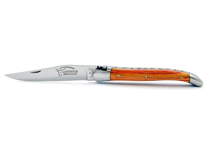 Laguiole pliant, 11 cm, abeille forgée, lame seule, mitres inox brillant, manche en bois de rose