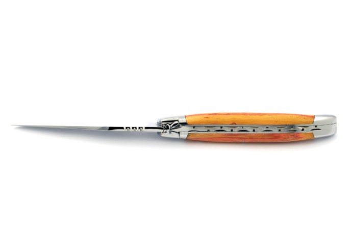Laguiole pliant, 11 cm, abeille forgée, lame seule, mitres inox brillant, manche en bois de rose