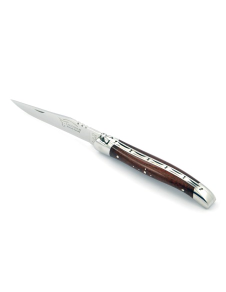 Laguiole pliant, 11 cm, abeille forgée, lame seule, mitres inox brillant, manche bois d'amourette