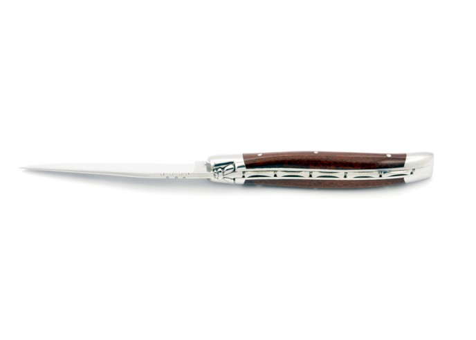 Laguiole pliant, 11 cm, abeille forgée, lame seule, mitres inox brillant, manche bois d'amourette