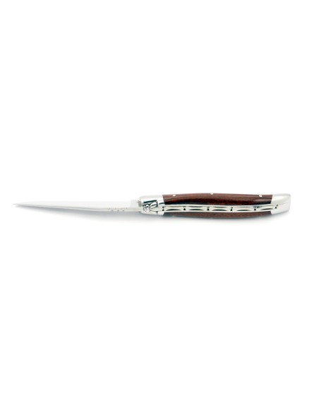 Laguiole pliant, 11 cm, abeille forgée, lame seule, mitres inox brillant, manche bois d'amourette
