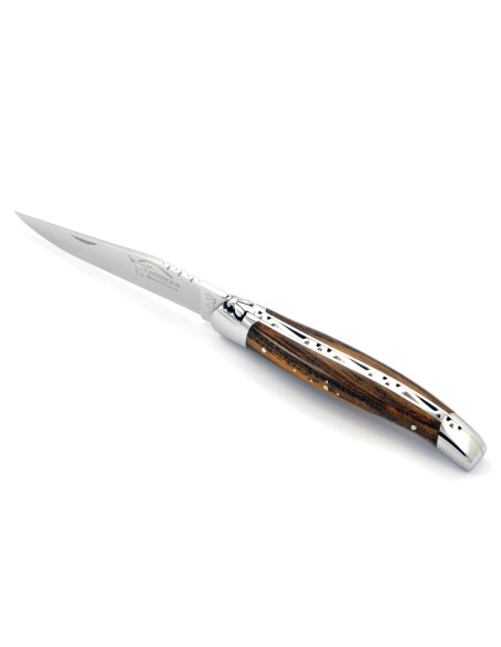 Laguiole pliant, 11 cm, abeille forgée, lame seule, mitres inox brillant, manche en bois de pistachier