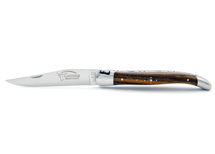 Laguiole pliant, 11 cm, abeille forgée, lame seule, mitres inox brillant, manche en bois de pistachier