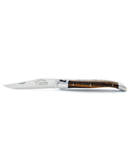 Laguiole pliant, 11 cm, abeille forgée, lame seule, mitres inox brillant, manche en bois de pistachier
