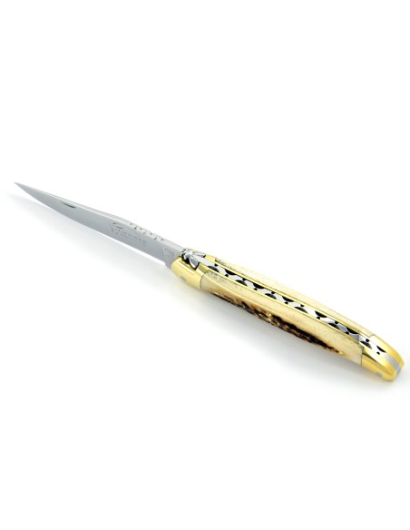 Laguiole pliant, 11 cm, abeille forgée, lame seule, mitres laiton, manche en bois de cerf