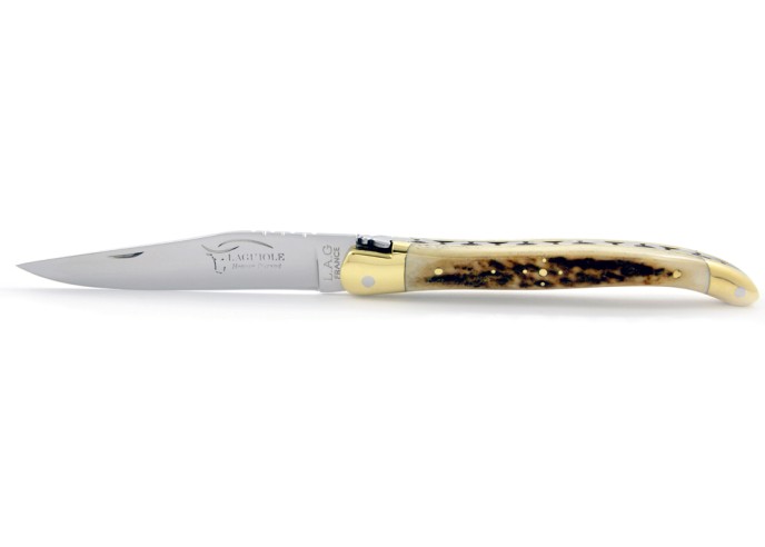 Laguiole pliant, 11 cm, abeille forgée, lame seule, mitres laiton, manche en bois de cerf