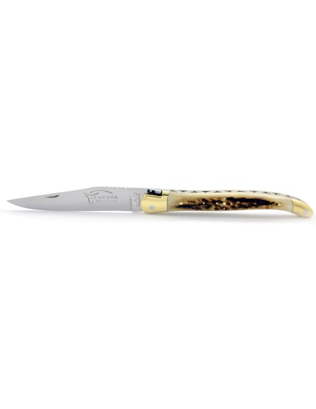 Laguiole pliant, 11 cm, abeille forgée, lame seule, mitres laiton, manche en bois de cerf