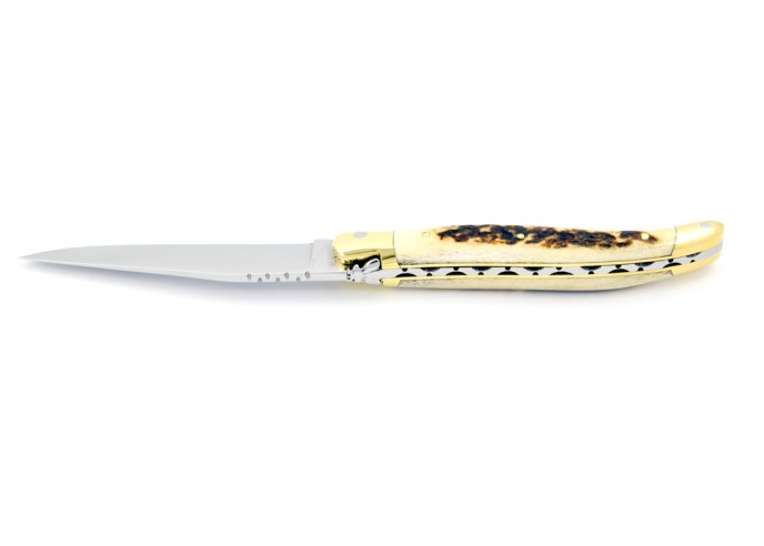 Laguiole pliant, 11 cm, abeille forgée, lame seule, mitres laiton, manche en bois de cerf