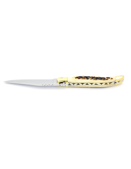 Laguiole pliant, 11 cm, abeille forgée, lame seule, mitres laiton, manche en bois de cerf