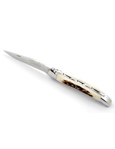Laguiole pliant, 11 cm, abeille forgée, lame seule, mitres inox brillant, manche en bois de cerf