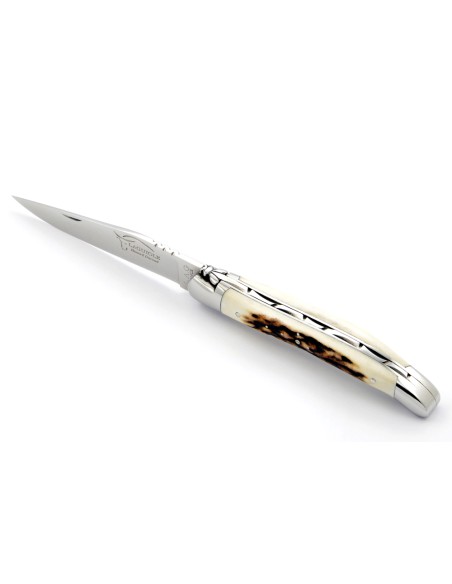 Laguiole pliant, 11 cm, abeille forgée, lame seule, mitres inox brillant, manche en bois de cerf