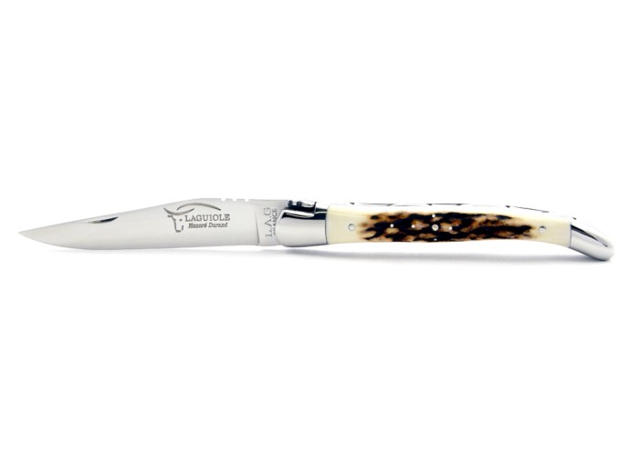 Laguiole pliant, 11 cm, abeille forgée, lame seule, mitres inox brillant, manche en bois de cerf