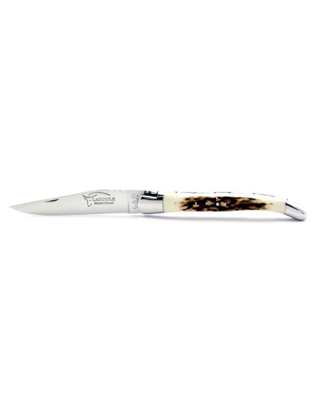 Laguiole pliant, 11 cm, abeille forgée, lame seule, mitres inox brillant, manche en bois de cerf