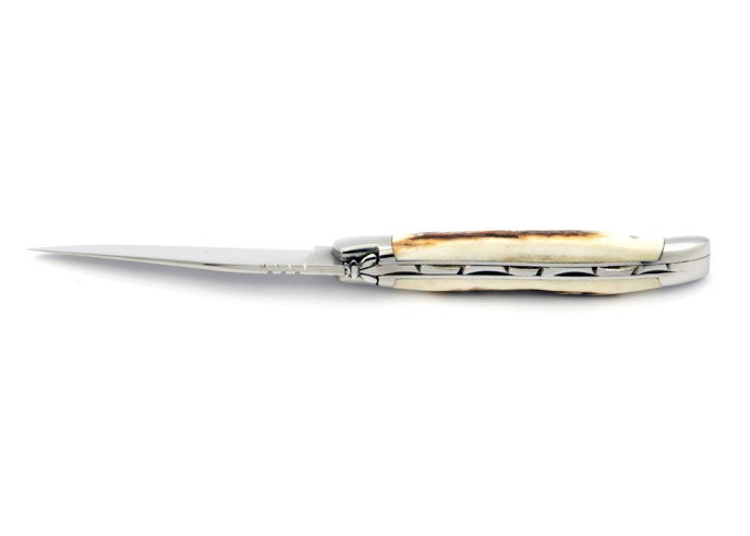 Laguiole pliant, 11 cm, abeille forgée, lame seule, mitres inox brillant, manche en bois de cerf