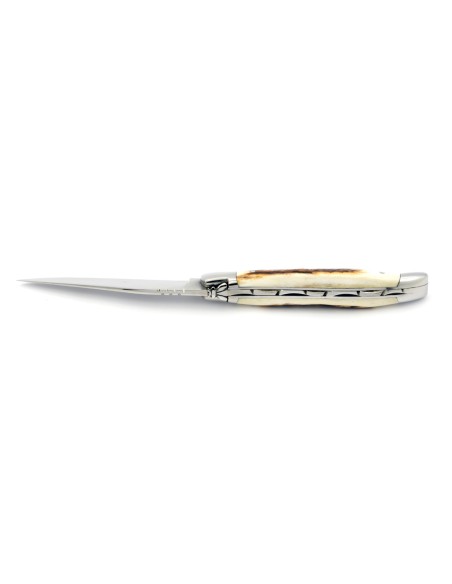 Laguiole pliant, 11 cm, abeille forgée, lame seule, mitres inox brillant, manche en bois de cerf