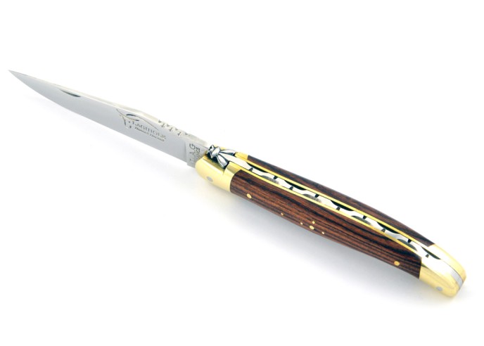 Laguiole pliant, 11 cm, abeille forgée, lame seule, mitres laiton, manche en bois de violette