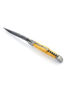 Laguiole pliant, 12 cm, abeille forgée, lame acier Damas & tire-bouchon, mitres inox mat, manche en buis