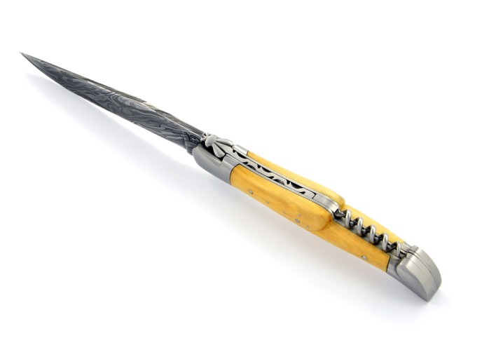 Laguiole pliant, 12 cm, abeille forgée, lame acier Damas & tire-bouchon, mitres inox mat, manche en buis