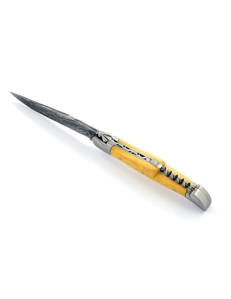 Laguiole pliant, 12 cm, abeille forgée, lame acier Damas & tire-bouchon, mitres inox mat, manche en buis