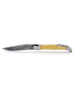 Laguiole pliant, 12 cm, abeille forgée, lame acier Damas & tire-bouchon, mitres inox mat, manche en buis 2