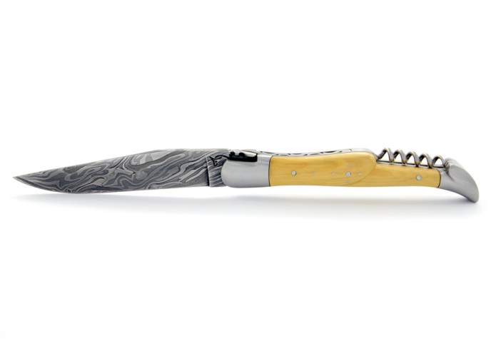 Laguiole pliant, 12 cm, abeille forgée, lame acier Damas & tire-bouchon, mitres inox mat, manche en buis