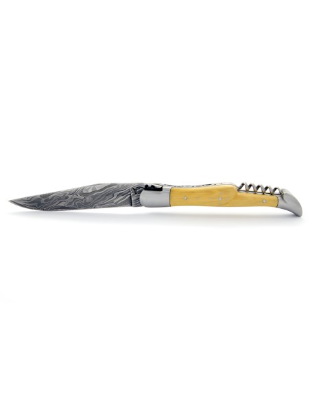Laguiole pliant, 12 cm, abeille forgée, lame acier Damas & tire-bouchon, mitres inox mat, manche en buis