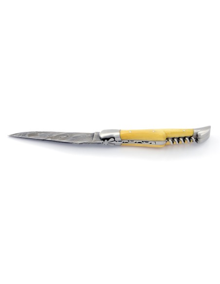Laguiole pliant, 12 cm, abeille forgée, lame acier Damas & tire-bouchon, mitres inox mat, manche en buis