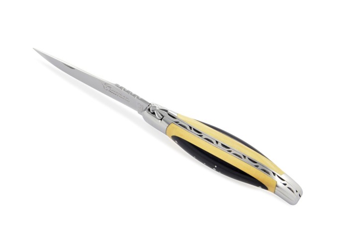 Laguiole pliant, 12 cm, abeille forgée, lame seule, manche super galbé & bi-bois, mitres inox brillant, bois d'ébène et buis