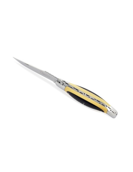 Laguiole pliant, 12 cm, abeille forgée, lame seule, manche super galbé & bi-bois, mitres inox brillant, bois d'ébène et buis