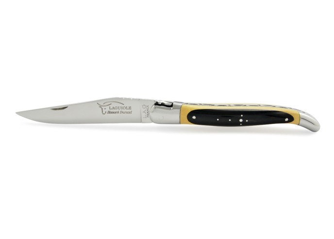 Laguiole pliant, 12 cm, abeille forgée, lame seule, manche super galbé & bi-bois, mitres inox brillant, bois d'ébène et buis