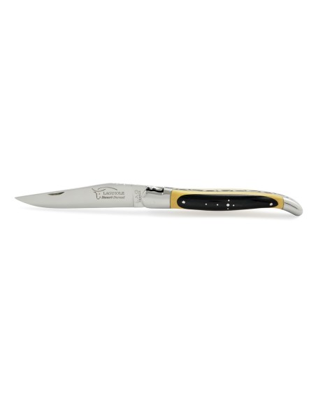 Laguiole pliant, 12 cm, abeille forgée, lame seule, manche super galbé & bi-bois, mitres inox brillant, bois d'ébène et buis