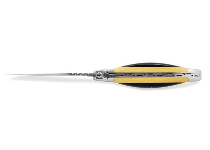 Laguiole pliant, 12 cm, abeille forgée, lame seule, manche super galbé & bi-bois, mitres inox brillant, bois d'ébène et buis