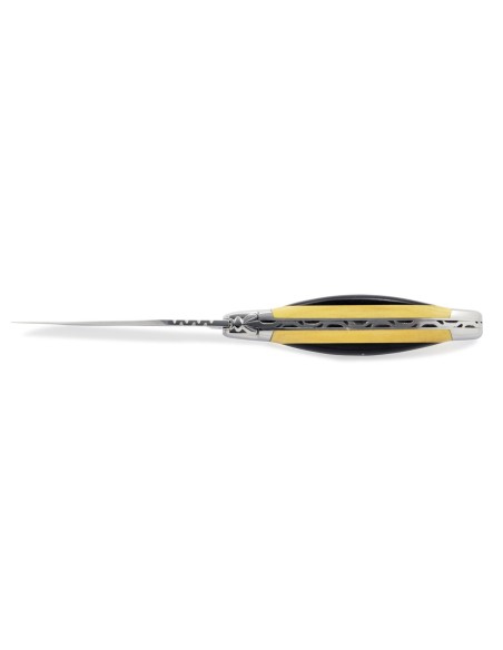 Laguiole pliant, 12 cm, abeille forgée, lame seule, manche super galbé & bi-bois, mitres inox brillant, bois d'ébène et buis