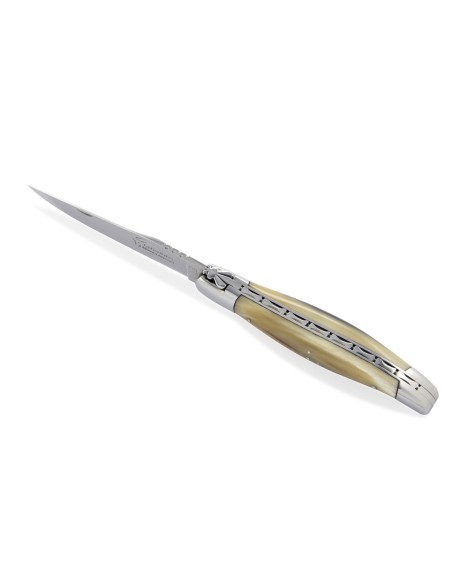 Laguiole pliant, 12 cm, abeille forgée, mitres inox brillant, manche super galbé en pointe de corne claire