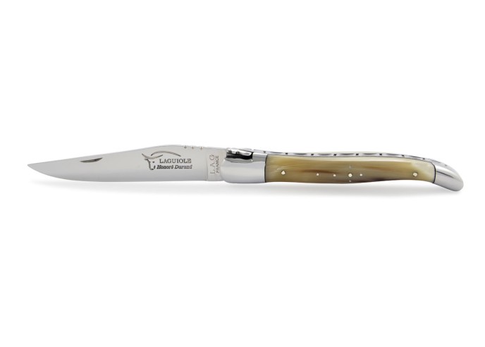 Laguiole pliant, 12 cm, abeille forgée, mitres inox brillant, manche super galbé en pointe de corne claire