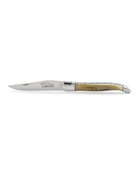 Laguiole pliant, 12 cm, abeille forgée, mitres inox brillant, manche super galbé en pointe de corne claire
