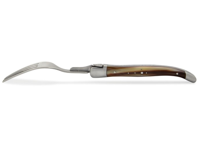 Coffret de fourchettes de table Laguiole, finition inox brossé, manche galbé en pointe de corne claire
