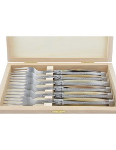 Coffret de fourchettes de table Laguiole, finition inox brossé, manche galbé en pointe de corne claire