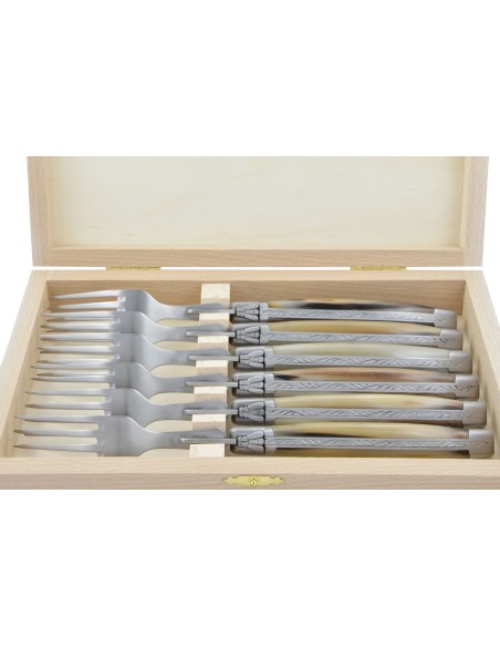 Coffret de fourchettes de table Laguiole, finition inox brossé, manche galbé en pointe de corne claire