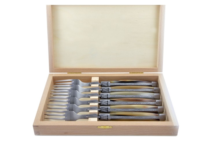 Coffret de fourchettes de table Laguiole, finition inox brossé, manche galbé en pointe de corne claire